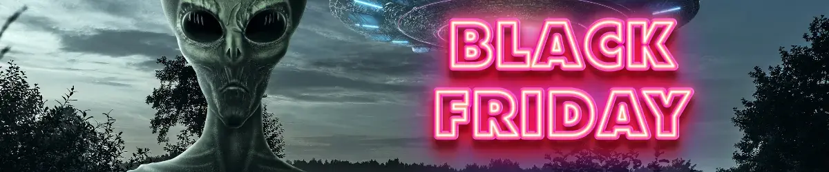 Alien with Black Friday text in neon